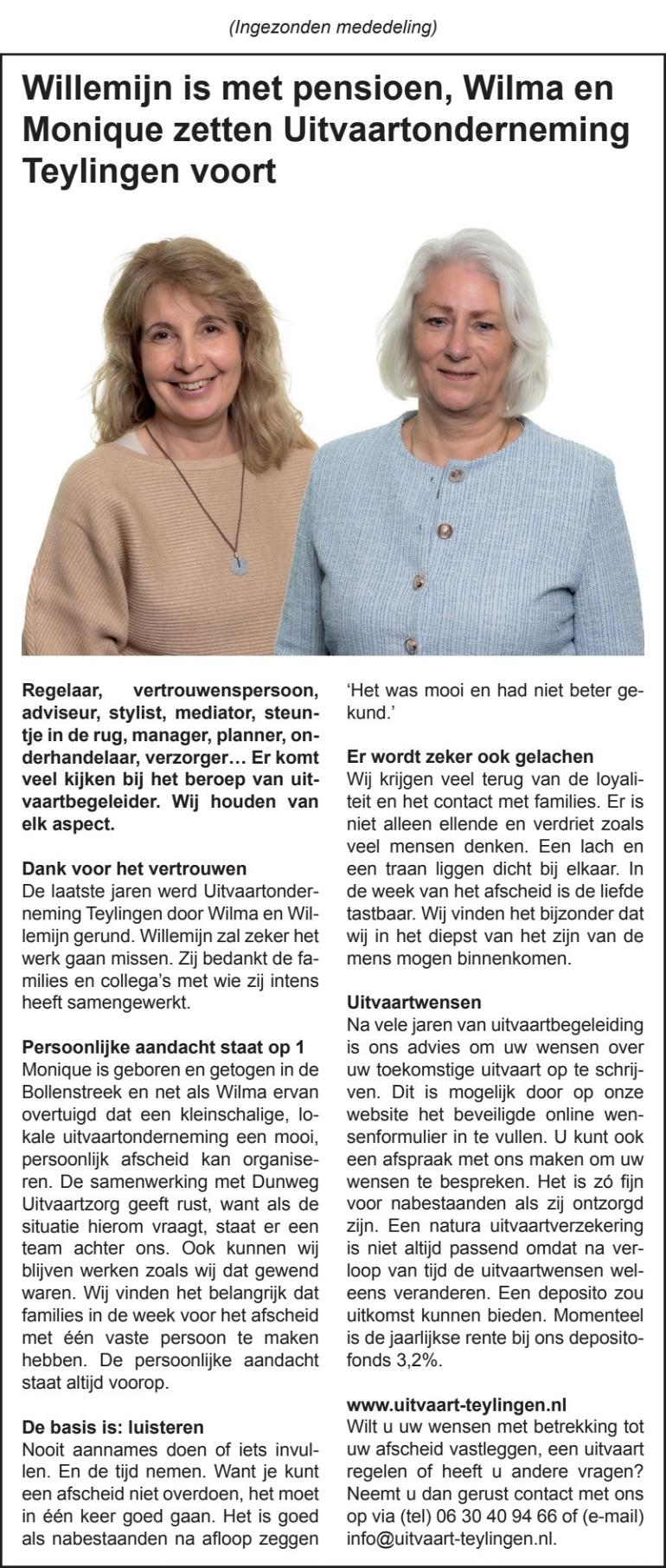 Wilma en Monique zetten Uitvaartonderneming Teylingen voort